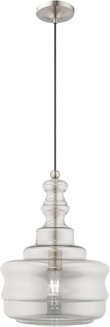 Livex Lighting 41246-91 Art Glass - 12.63" One Light Mini Pendant, Brushed Nickel Finish with Smoke Glass