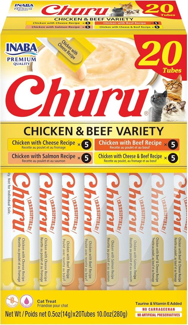 INABA Churu Cat Treats, Grain-Free, Lickable, Squeezable Creamy Pure Cat Treat/Topper with Vitamin E & Taurine, 0.5 Ounces Each Tube, 20 Tubes, Chicken & Beef Variety Box (EXP 03/11/26)