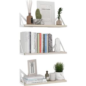 Wallniture Minori Floating Shelves for Wall Storage, Floating Bookshelf Set of 3, Bathroom and Kitchen Organizer Natural Wood Wall Shelves with White Brackets