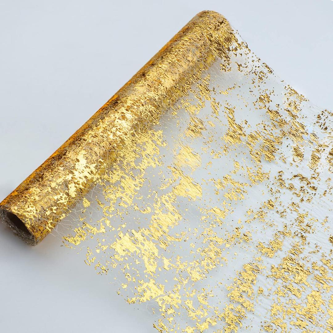 Snowkingdom Glitter Metallic Gold Table Runner 11"x108" Thin Mesh Sparkle Runner Roll Table Decorations for Wedding Bridal Shower, Baby Shower, Christmas, Birthday Party 1PC