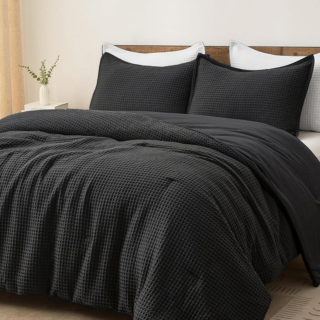 PHF Ultra Soft Waffle Weave Comforter Set King Size, 3 Pieces Lightweight Breathable Comfy Bedding Set, Comfy Textured 1 Comforter with 2 Pillow Shams, Black