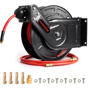 Retractable Air Hose Reel, Auto Rewind 3/8" x 100 FT Hybrid Polymer Hose | Heavy-duty Air Compressor Hose Reel, 6.56 FT Lead-in, Max 300 PSI, 180° Swivel, Wall/Ceiling Mount for Garage, Home Studio