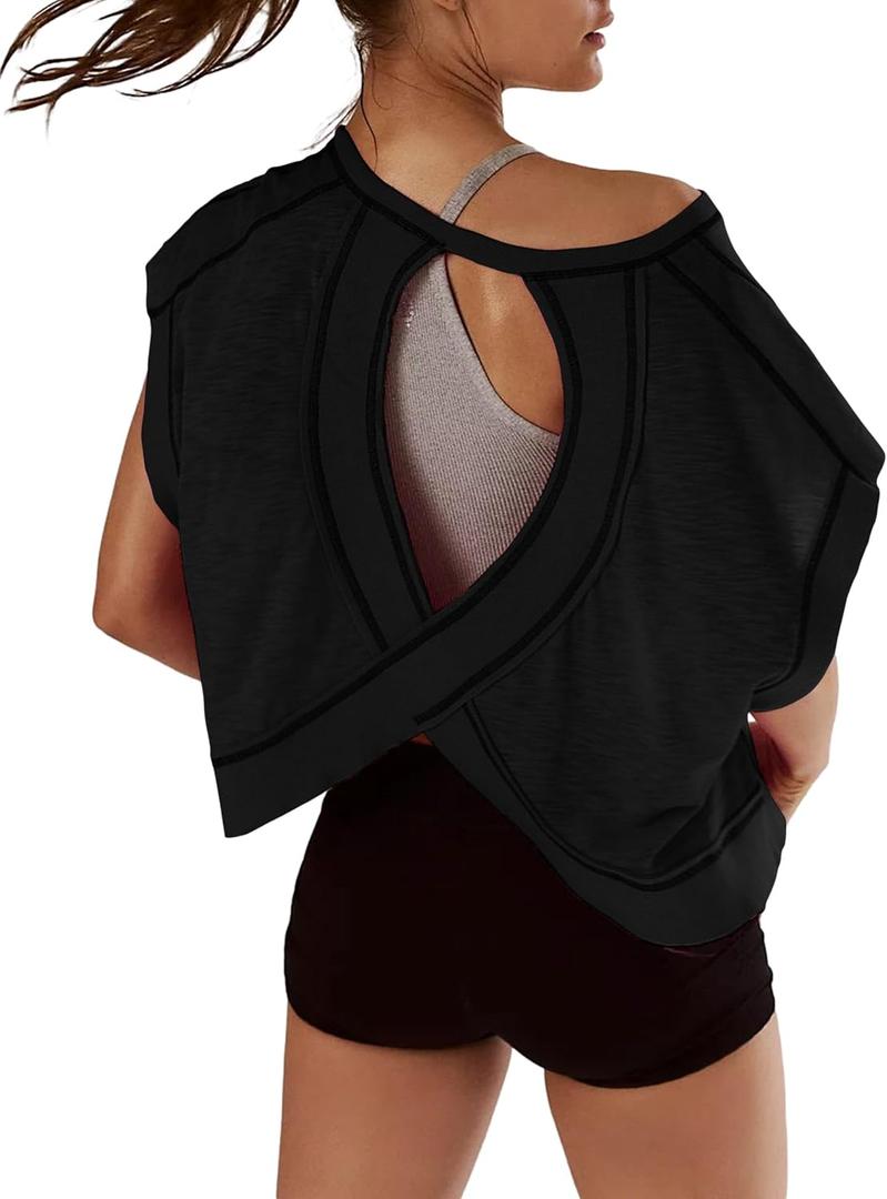 Women Short Sleeve Workout Shirts Open Back Tops Casual Yoga Y2k Athletic Gym Slouchy Crop Running Tees (Medium, Black)