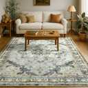 Area Rugs 4x6 Washable Rug for Living Room,Vintage Faux Wool Non Slip Low Pile Rug for Bedroom,Dining Room,Home Office Decor Coffee Table Carpet (Green, 4x6)