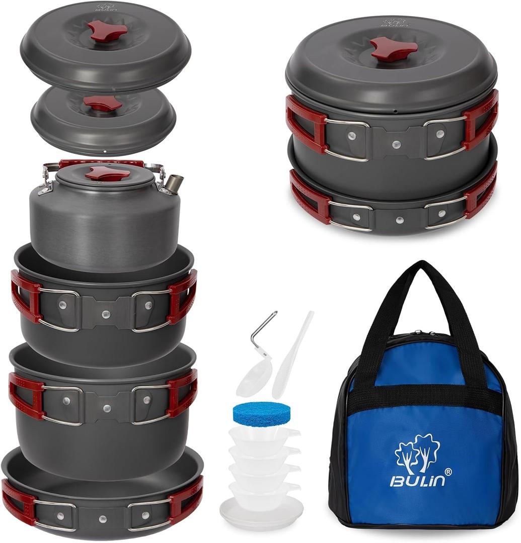 Bulin Camping Cookware Pots and Pans Set, Lightweight Backpacking Cooking Set Outdoor Cook Gear for Family Hiking Picnic (Kettle, Pot, Frying Pan, Bowls, Plates, Spoon)