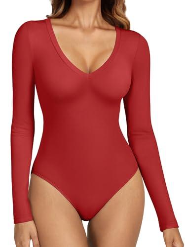 ATHMILE Deep V Neck Long Sleeve Bodysuits for Women Sexy Going Out Tops Body Suits M