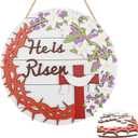 Wooden 3D He is Risen Easter Decor, Easter Door Decorations Religious Christian Welcome Sign for Front Door, Home Spring Wreath & Garland Cross Sign, Wall Hanger