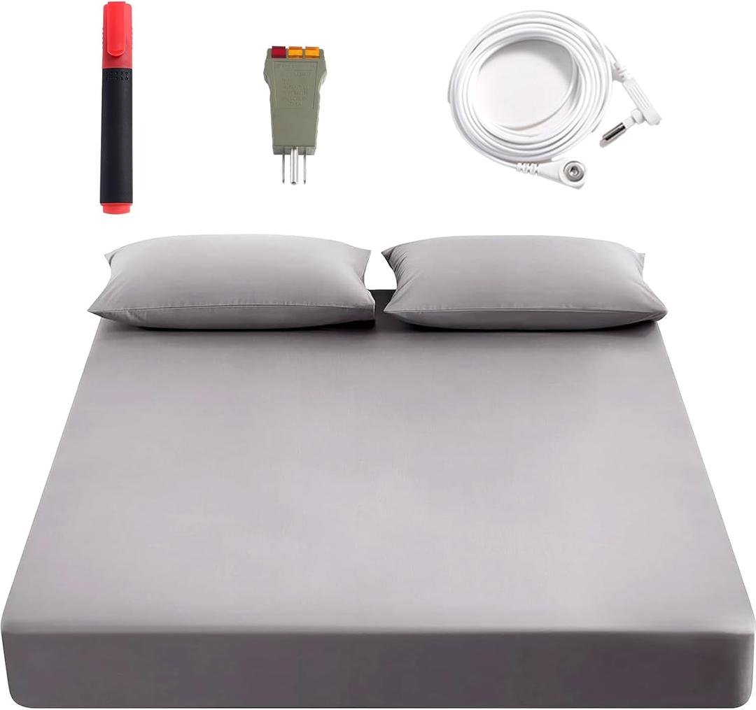 grounding Sheets King 90% Organic Cotton+10% Pure Silver Fiber, Grounding Fitted Sheets with Grounding Cord,Pain Reliefand Helps Sleep- Earth Connected Bedding (Gray, Full)