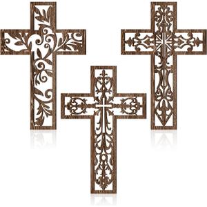Yookeer 3 Pcs Wooden Wall Hanging Cross Handmade Antique Cross Hanging Decor Religious Brown Wooden Home Decorations Hand Carved Wall Decor for Living Room Nursery Wedding