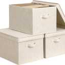 StorageWorks Fabric Storage Bins with Lids, Decorative Storage Bins with Soft Handles, Foldable Storage Baskets for Closet, Shelves, Stackable and Sturdy Organization, Beige, Jumbo, 3-Pack