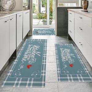 Kitchen Mats for Floor with Grid Design, Farmhouse 3 Piece Washable Absorbent Runner Rugs Non Slip Cushioned Kitchen Mat Comfort Rug Set for Kitchen, Floor, Office (17*30+17*47+17'*59", Turquoise)
