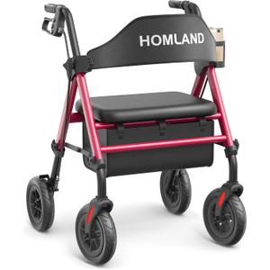 Walkers for Seniors with Seat, Foldable Rollator Walker, Reinforced Aluminum Frame, 8" Big Rubber Wheels for All Terrain, Height Adjustable Lightweight Rolling Walker (400 Pound, Red)