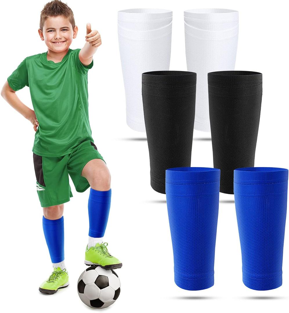 Boyiee 3 Pairs Kids Shin Guard Sleeves Youth Soccer Shin Guard Socks Breathable Calf Covers Holders Soccer Socks with Pockets (Small, White, Black, Blue)