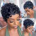 FREEKWEEN Short Curly Wig Human Hair for black women Short Layered Pixie Wigs Brazilian Virgin Curly Wavy Haircut Glueless pixie cut wig With Bangs Natural Black Color for Daily Use