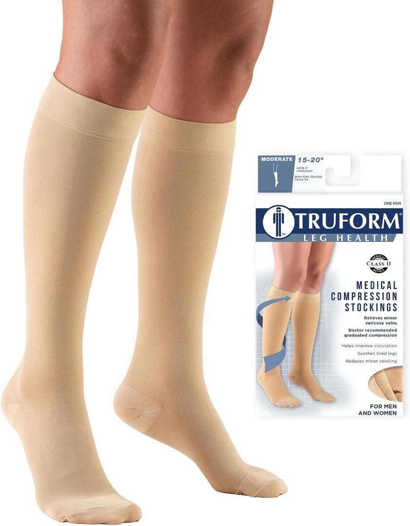Truform 15-20 mmHg Compression Stockings for Men and Women, Knee High Length, Closed Toe, Beige, Large
