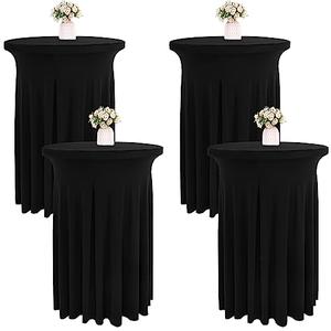 JALANCY 4 Packs 32 x 43 Inch Spandex Round Cocktail Table Skirts with Wavy Drapes Stretch Cocktail Tablecloth Fitted High Top Tables for Wedding Bar Party Banquet (Black)