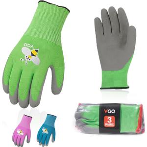 Vgo... 3-Pairs Age 3-5 Kids Gardening Gloves, Children Yard Work Gloves, Soft Safety Rubber Gloves (XXXS, KID-RB6013) (3 Pairs - Green, Purple & Blue)