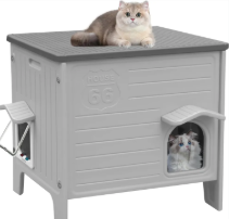 Plastic Cat House Outdoor & Indoor, Feral Cat Houses with Escape Door, Waterproof Outdoor Cat House for Feral Cats, Outside Cat Shelter for Small Pet, Assemble Easily-Grey