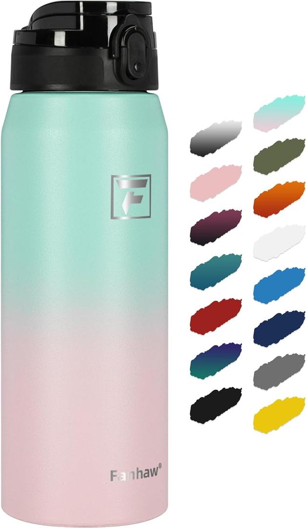 Fanhaw 24 Oz Insulated Stainless Steel Vacuum Water Bottle with Anti-Dust Pop-Open Lid - For Kids, Women, Men | Leak & Sweat Proof (Green Pink)