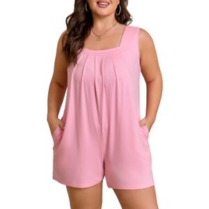 Eytino Women's Plus Size Jumpsuits Casual Sleeveless Short Overalls Pleated Front Rompers Summer Outfits(1X-5X) (3X, Pink)