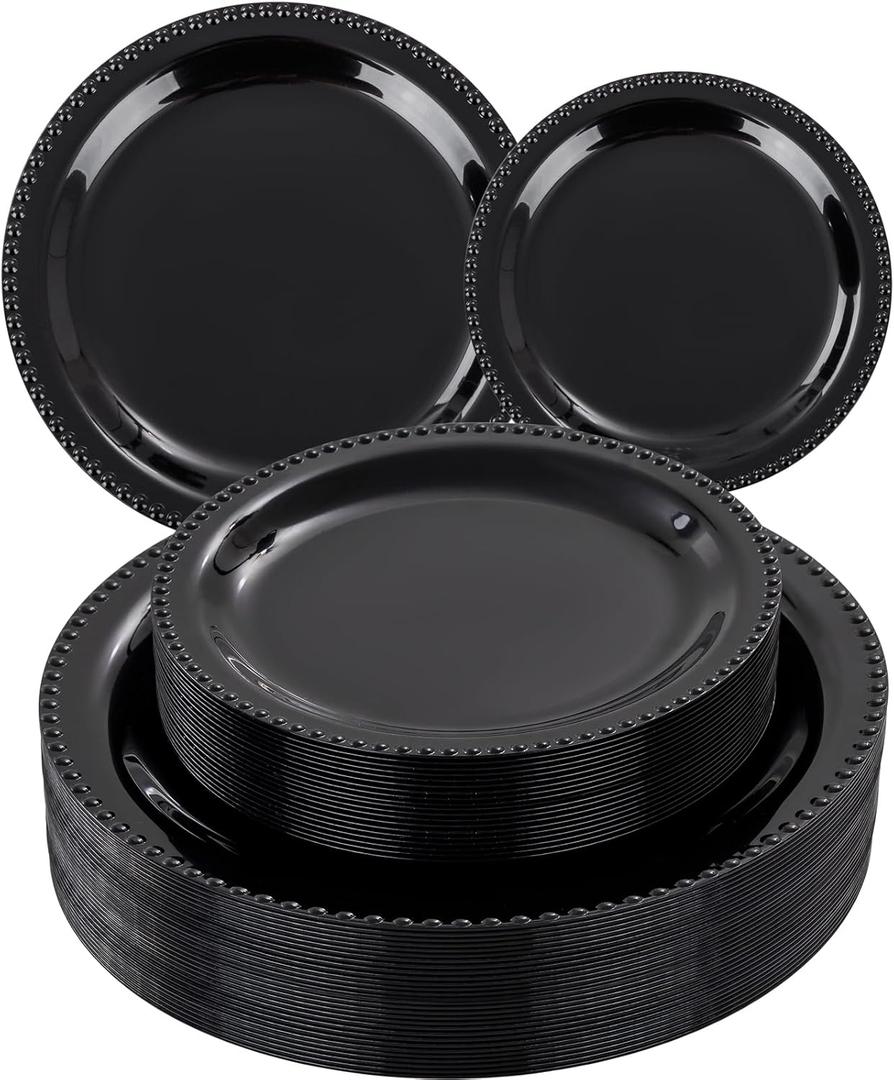 WELLIFE 60PCS Black Plastic Plates, Include 30 PCS 10.25 inch and 30 PCS 7.5 inch Plastic Plates for Party, Black Party Supplies, Disposable Dinnerware Set