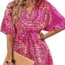 Women's V-Neck Wrap Around Cinched Waist Floral Print Jumpsuit, Suitable For Beach Vacation (Pink, S)