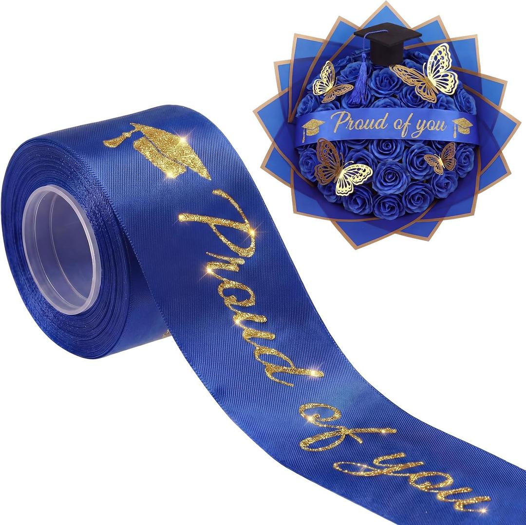 Breling 2026 Graduation Ribbon 2 Inch x 10 Yards Glitter Congrats Bouquet Satin Ribbon for Graduation of 2026 Gift Wrapping Grad Party Decoration Flower (Proud of You,Blue)