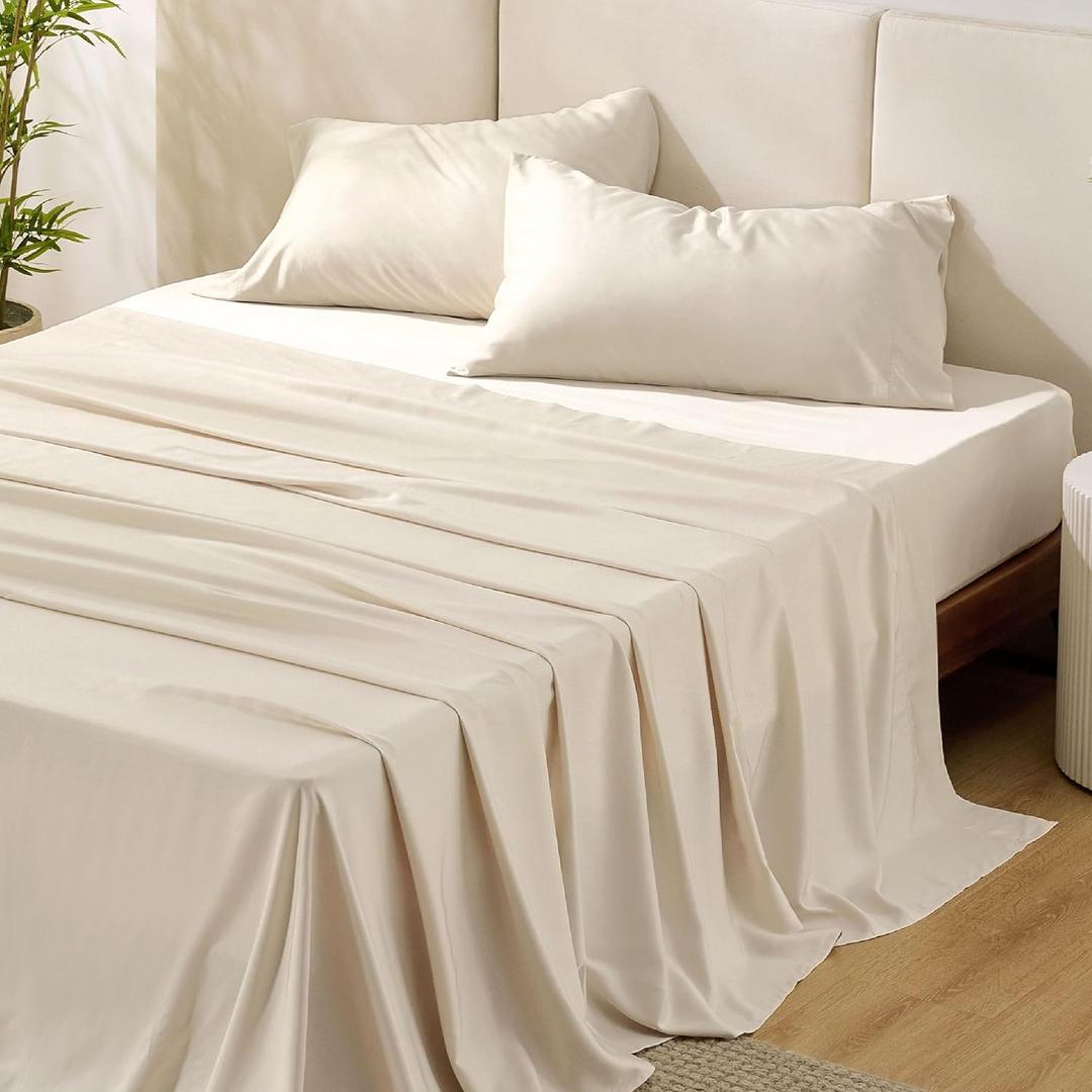 Bedsure Queen Sheet Set, Rayon Derived from Bamboo, Cooling Sheets, PureWoven, Breathable & Soft, Deep Pocket Up to 16", Hotel Luxury Silky Bedding for Hot Sleepers, Light Beige