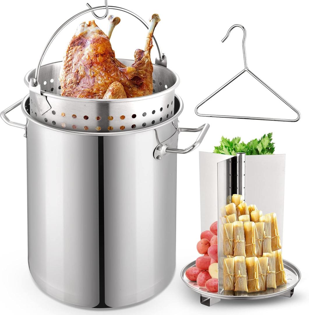 ARC 32QT Stainless Steel Stock pot 6-Piece For Seafood Boil Pot with Basket and Steamer Rack,Cookware for Crawfish Crab Shrimp Lobster Boiling Pot, Turkey Fryer Pot, Tamale Steamer Pot with Strainer