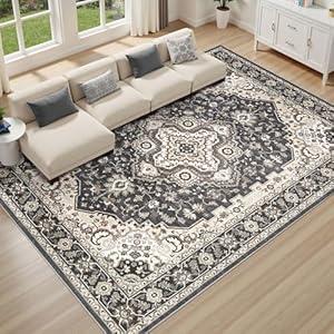 Washable Area Rug 6x9: Vintage Non-Slip Stain Resistant for Living Room, Soft Large Carpet for Bedroom Dining Room Home Office(Grey and Cream)