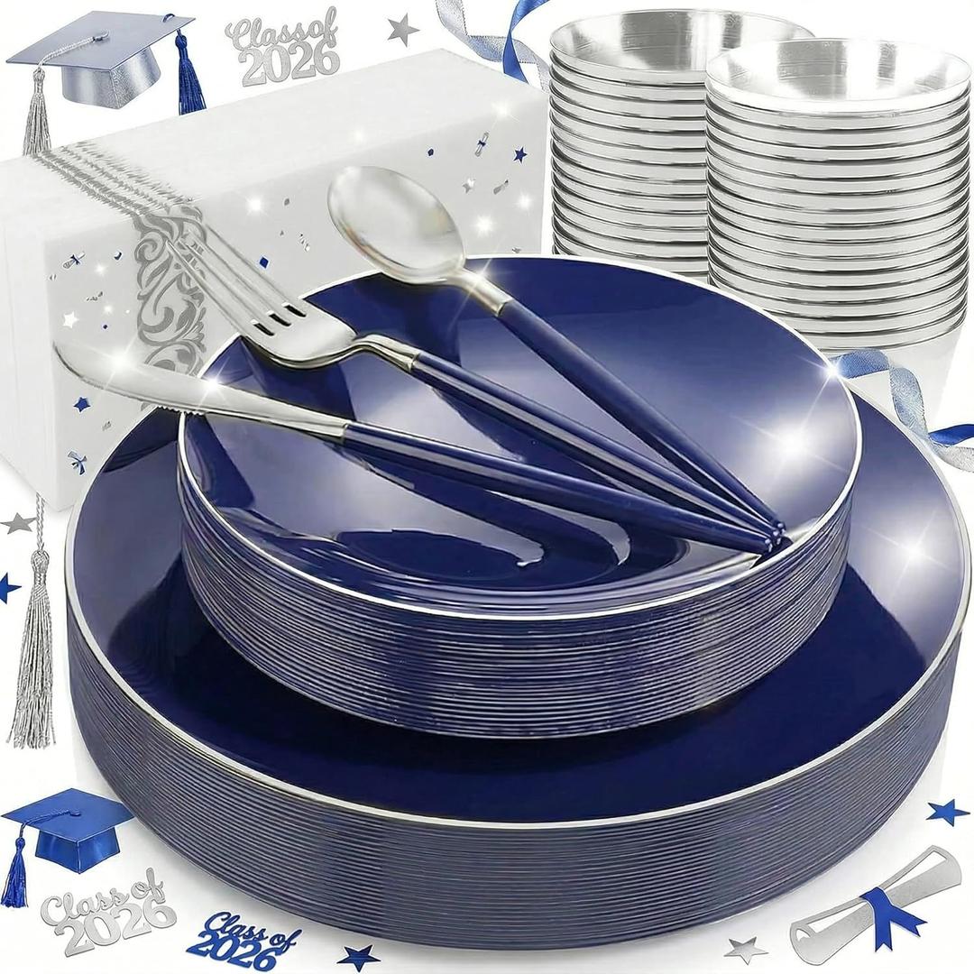 KIRE 175Pcs Blue Plastic Plates with Silver Rim & Disposable Silverware with Blue Handle & Silver-rim Cups & Hand Napkin & Plastic Dinnerware for Parties/Wedding/Graduation