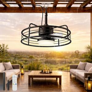 AKOFUN 20" Gazebo Outdoor Ceiling Fans with Lights, IP65 Waterproof Ceiling Fan with Remote, Quiet DC Motor, 1200 Lumens Dimmable 3000-6500K, Caged Plug-in Ceiling Fan for Patio Porch Pergola Canopy
