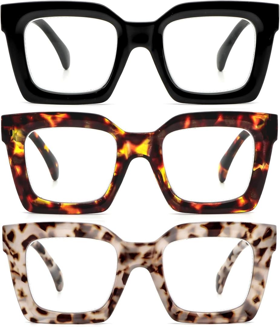 REAVEE 3 Pack Thick Frame Oversized Reading Glasses for Women Blue Light Blocking Computer stylish Readers with Spring Hinge (Black + Tortoise + Brown Tortoise)