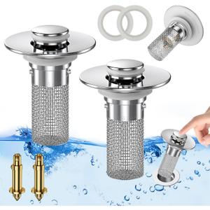 Bathroom Sink Drain Strainer, Pop-up Sink Drain Strainer with Removable Stainless Steel Strainer Basket Hair Catcher, Bathroom Sink Strainer for Bathroom Sink Stopper Replacement. (2PCS)