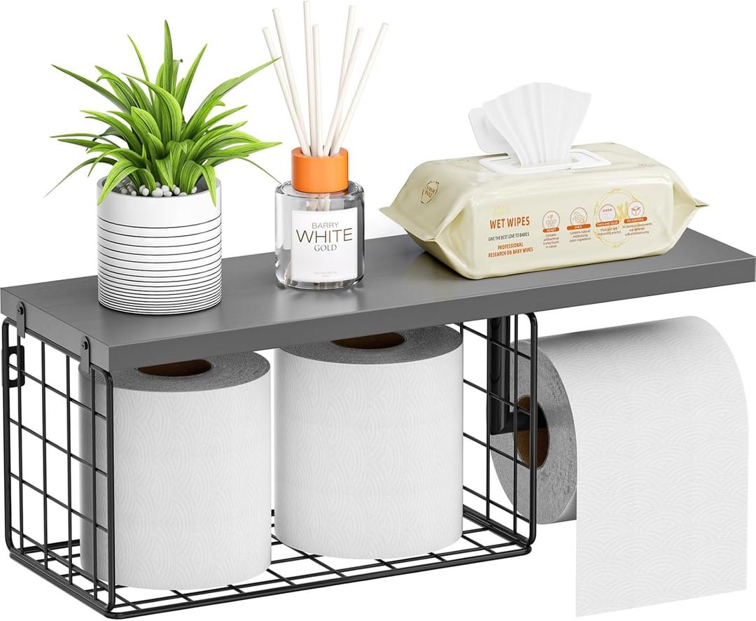 VITVITI Toilet Paper Holder with Shelf, Wall Mounted Toilet Paper Storage Basket, Wood Metal Toilet Roll and Wipes Holder for Bathroom Farmhouse (Gray)