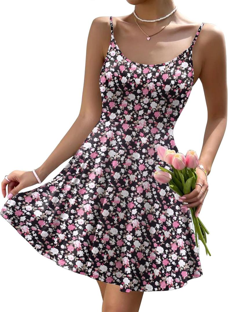 HOTOUCH Women's Summer Dress Adjustable Spaghetti Strap Floral Mini Casual Dress with Pockets Fit & Flare Beach Sundress (Medium) Black Flora