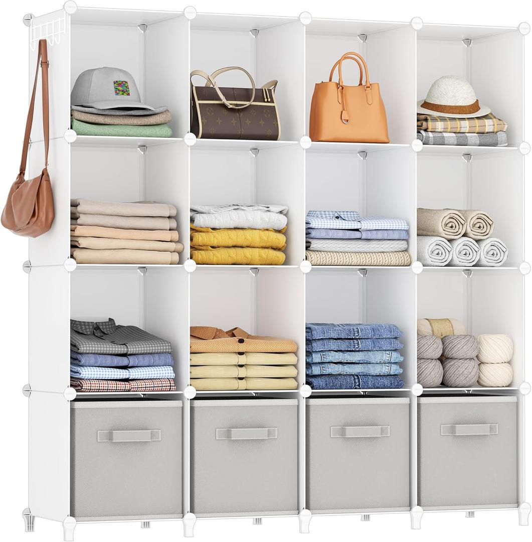 HOMIDEC Closet Organizers and Storage, 16 Cube Storage Organizer, Closet Organizer Bookshelf Cubes Shelves for Clothes, Bedroom, Kids Room, Bathroom, Wardrobe, Garment Racks, White (X-Large)