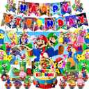49 Pcs Mario Game Theme Birthday Decorations, Cartoon Style Party Decorations, Includes 1 Banner, 6 Hanging Decorations, 16 Balloons, 1 Backdrop, 1 Cake Topper, and 24 Dessert Decorations