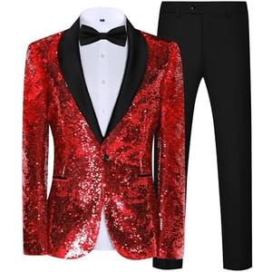 Elionm Mens Sequin Tuxedo 2 Piece Suit Set Slim Fit Prom Suits for Men Party Dress Suit Jacket and Pants, Size L