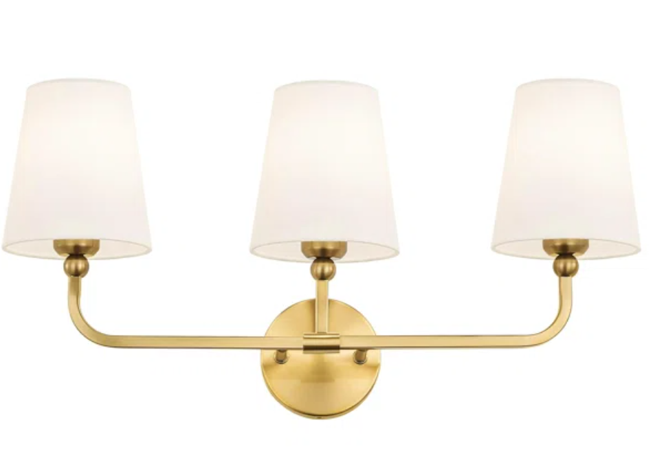 Bathroom Light Fixtures, 3Light Brushed Gold Vanity Lights, 24.5" Bathroom Lighting Fixtures Over Mirror with Flared White Fabric Shade, Modern Wall Sconces for Bedroom Living Room Hallway