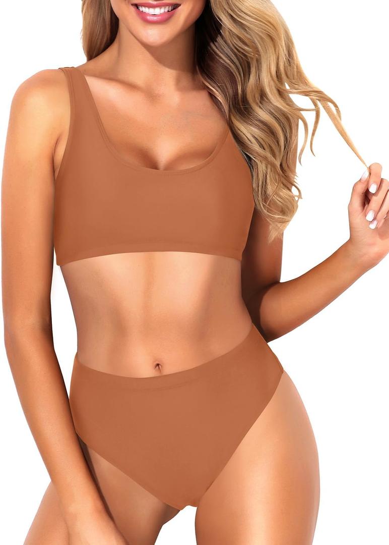 Tempt Me Women Two Piece Scoop Neck Bikini Crop Top Swimsuit Sporty High Waisted Bathing Suit (Large, Golden Brown)