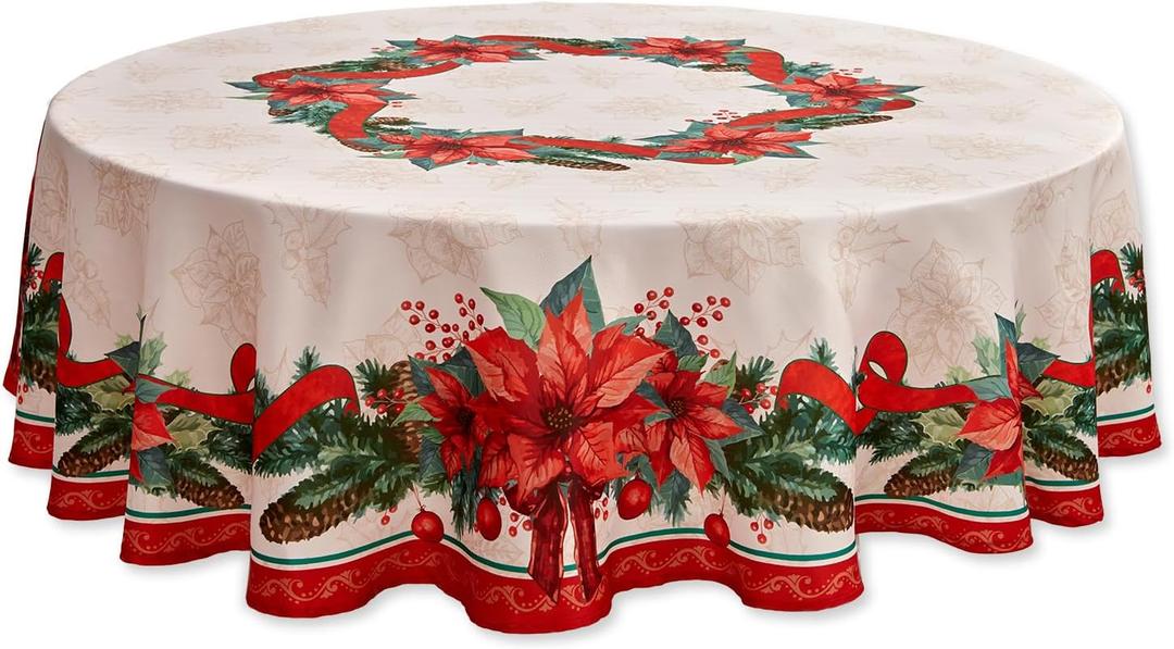 YiHomer Poinsettia Ribbon Engineered Printed Fabric Christmas Tabletop for Xmas Winter Holiday, Christmas Time, Tablecloth, 70" Round