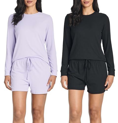 Real Essentials 2 Pack: Women's Ribbed Knit Long Sleeve Top and Shorts Pullover Lounge Pajama Set, Size: L