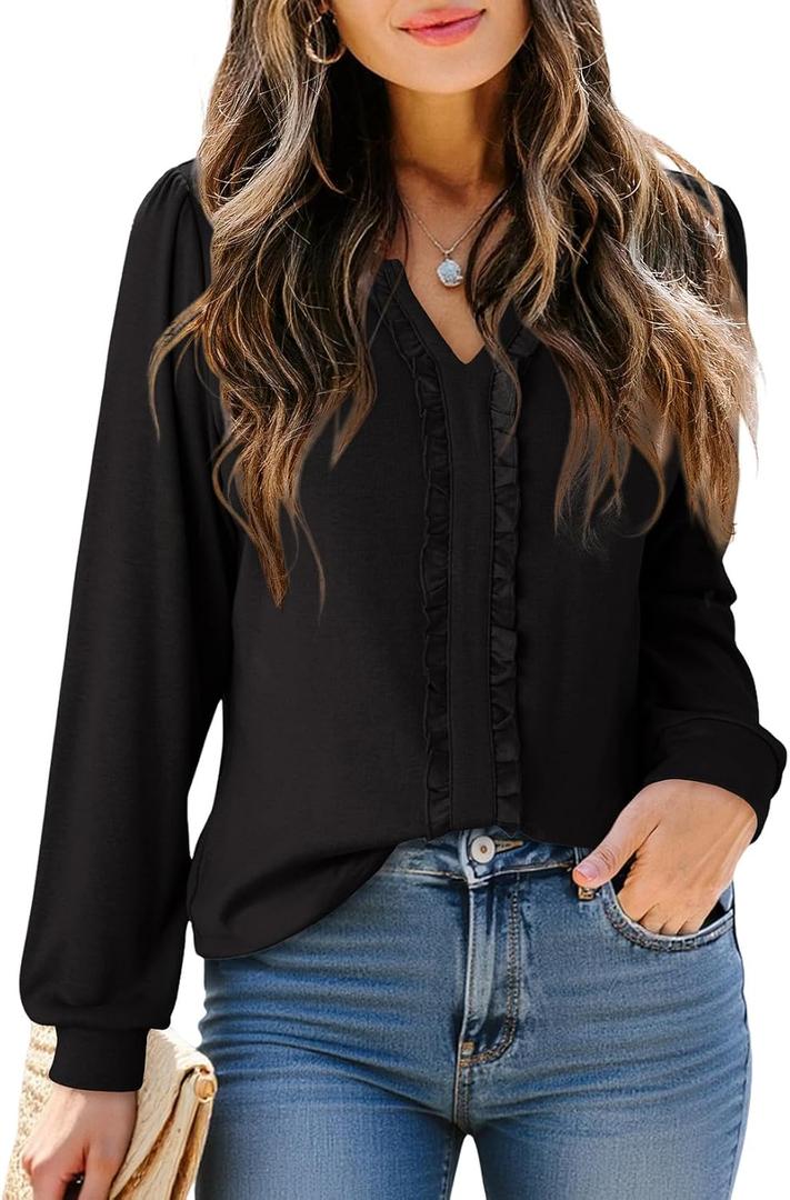 Dokotoo Women's V Neck Ruffle Blouses Long Sleeve Casual Work Tops Loose Fit Pullover Shirts (Black, L)