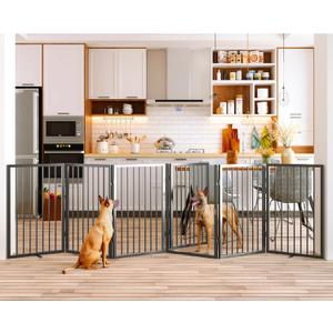 Vantas Folding No-Assembly Metal Pet Gate 120" Wide, 32" Extra Tall Dog Gate with Door Walk Through, Freestanding Accordion Puppy Gate for Indoor & Outdoor, with 2PCS Support - Black