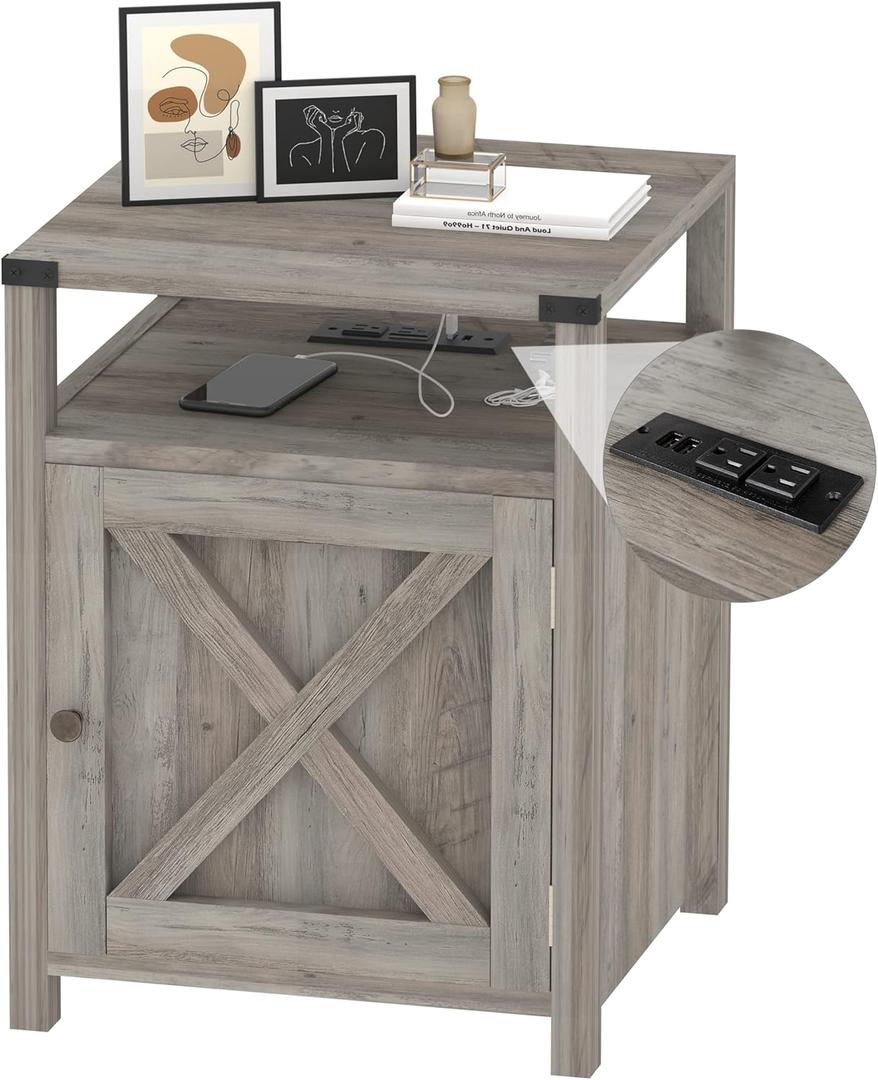Farmhouse Nightstand with Charging Station, Rustic End Table Bedroom with Storage Living Room Side Table Grey Night Stand Industrial Bedside Bed Table with USB Ports and Outlets, 18d X 18w X 24h in