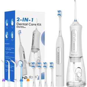 H2ofloss Sonic Electric Toothbrush and Water Flosser Combo, Rechargeable 2000mAh Toothbrush and 2500mAh Oral Irrigator with 300ml Tank, 4 Brush Heads, 5 Nozzles, 2 in 1 for Home and Travel (White)