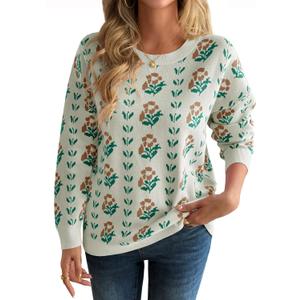 Saodimallsu Womens Long Sleeve Floral Sweaters Fall Crew Neck Casual Loose Knitted Pullover Tops (Large, Beige)