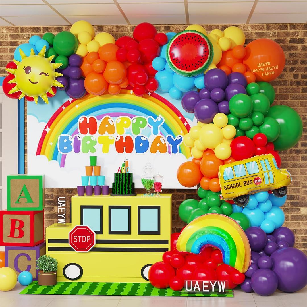 Rainbow Balloon Arch Garland Kit,159pcs Assorted Colors with Watermelon School Bus Rainbow Sun Mylar Balloons for Watermelon Birthday Party Back to School Kindergarten Graduation Decorations