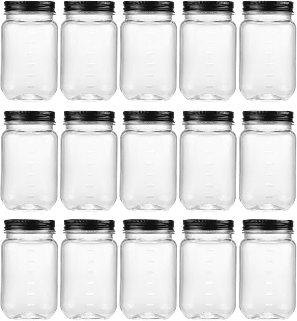 novelinks 16 oz Clear Plastic Jars with Lids, Refillable 16oz Mason Jars with Lids & Storage Containers for Kitchen & Household Use (15 Pack,Black)